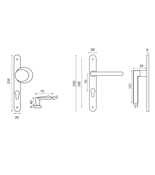 Insieme palière inox placca stretta 26 cilindro Amande/New Pyla
