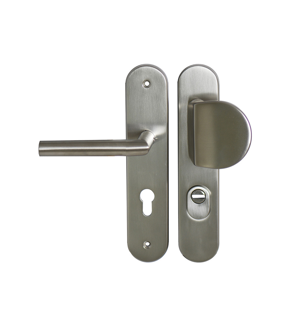 Insieme di sicurezza Palière-Altesse finitura inox su placca con protettore di cilindro EUROWALE