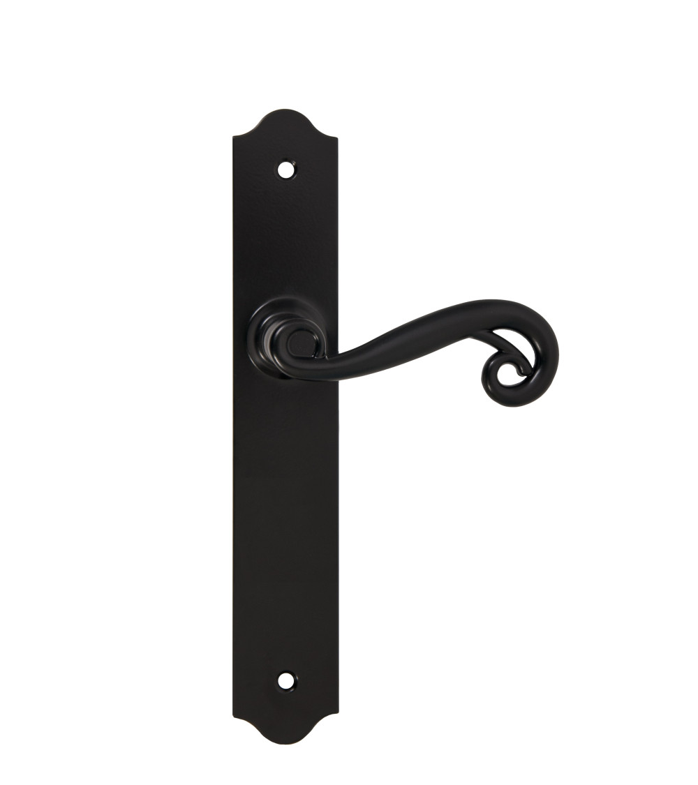 Maniglie per porta retrò nere opache su placche lunghe per porte, cancelli e cancelletti – Collezione Charlotte