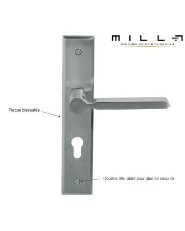 Maniglia in acciaio inox su grande placca lunga bisellata per porta d'ingresso - modello Mercure Prestige