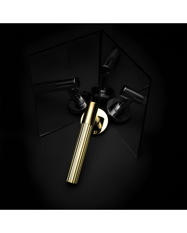 Maniglia per porta oro lucido LIVIA design presentata con riflessi a specchio