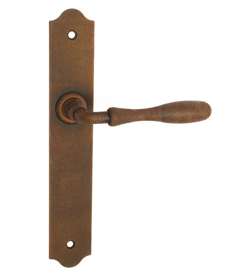 Maniglie per porta rétro color ruggine su placche lunghe per porte, cancelli e cancelletti – Collezione Joséphine