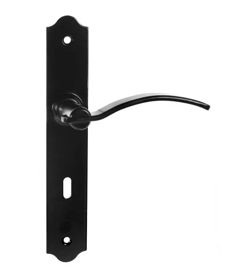 Maniglie per porta retrò nero opaco su placche lunghe per porte, cancelli e cancelletti – Collezione Constance