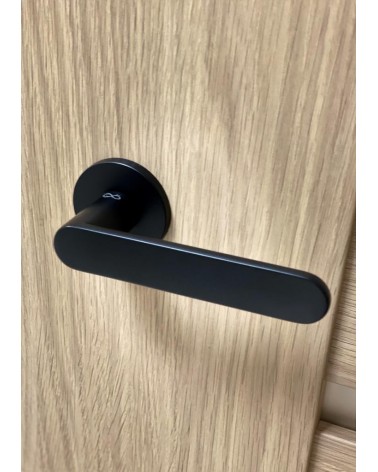 Maniglia per porta nera Line Vénus maniglia design montata su una porta