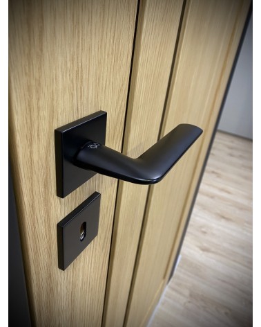 Maniglia per porta nera STINGER maniglia design vista dall'alto inclinata montata su una porta