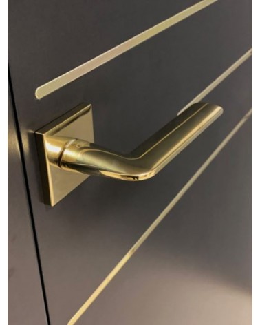 Maniglia per porta oro STINGER maniglia design vista dall'alto inclinata montata su una porta