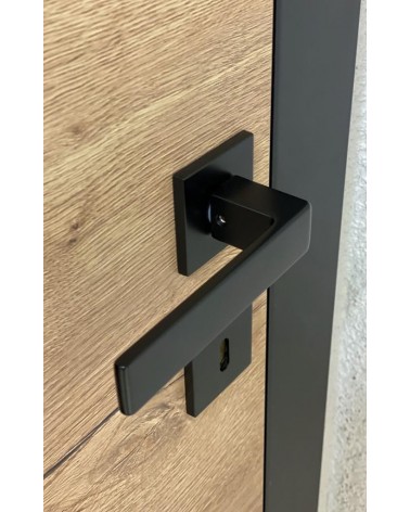 Maniglia per porta nera Apollo design vista dall'alto inclinata montata su una porta