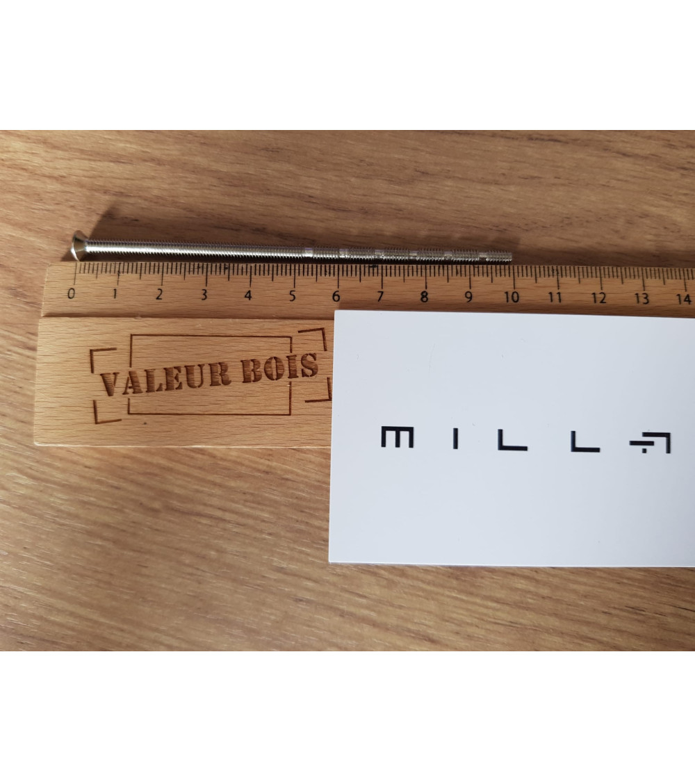 Asta filettata passante M4 da 10cm di lunghezza su un tavolo, con righello in legno e biglietto da visita bianco millapoignees