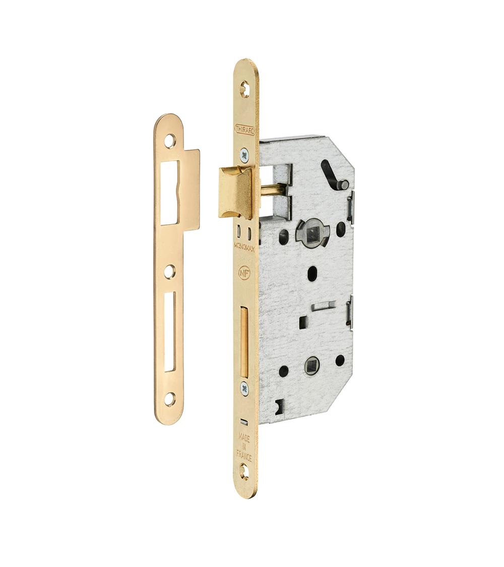 Serratura design da incassare Thirard MONOMAX NF frontale in acciaio ottonato, asse 40mm, interasse 70mm, per WC o bagno - manig
