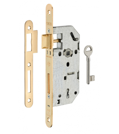 Serratura design da incassare Thirard MONOMAX NF frontale in acciaio ottonato, asse 40mm, interasse 70mm, per camera - maniglia 