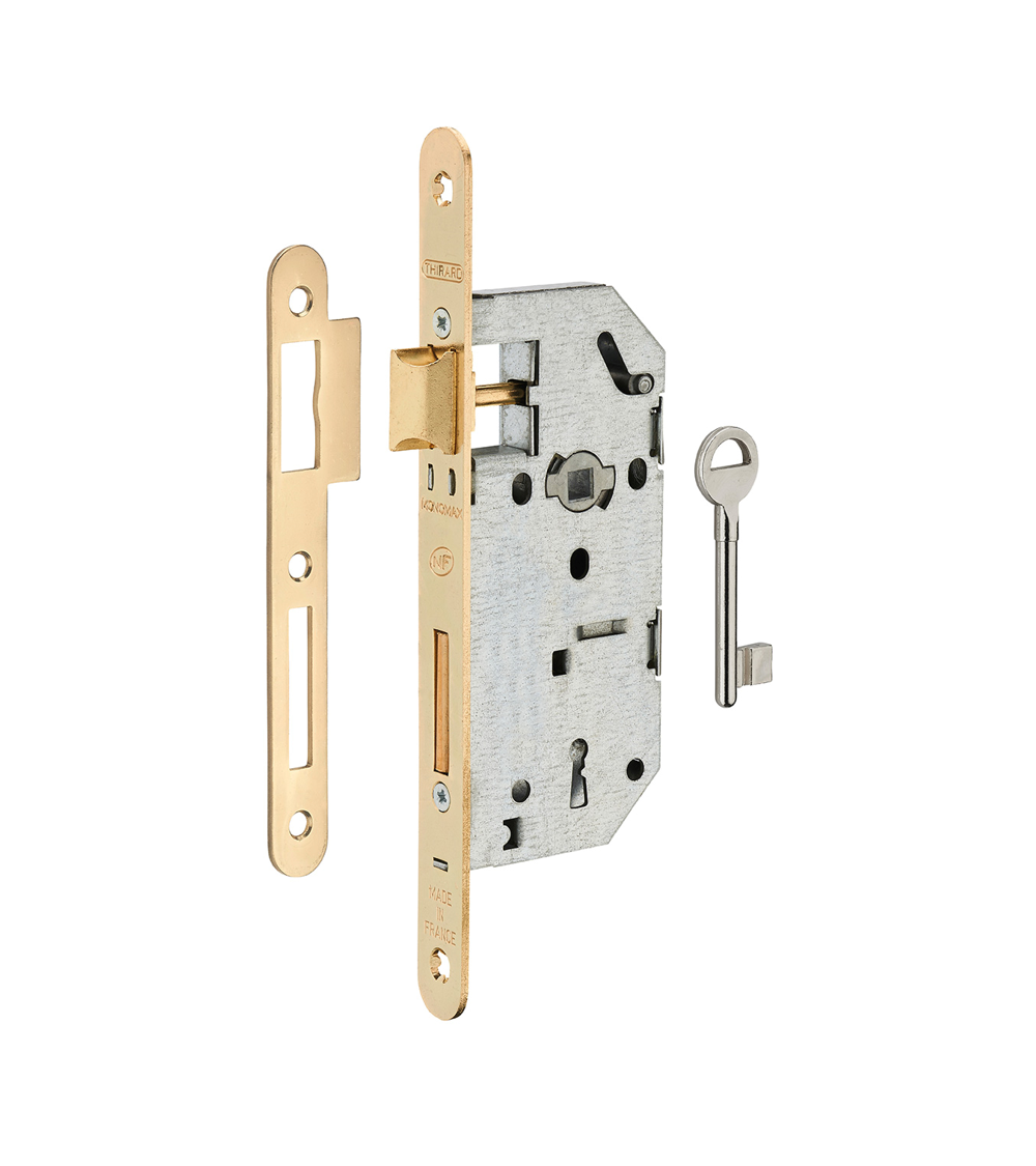 Serratura design da incassare Thirard MONOMAX NF frontale in acciaio ottonato, asse 40mm, interasse 70mm, per camera - maniglia 