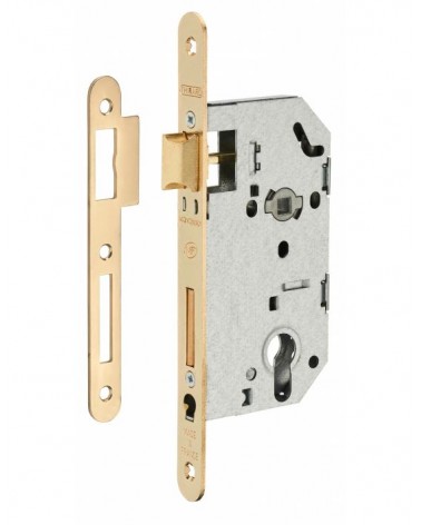 Serratura design da incasso Thirard MONOMAX NF frontale in acciaio ottonato, asse 50mm, interasse 70mm, chiave a cilindro - mani