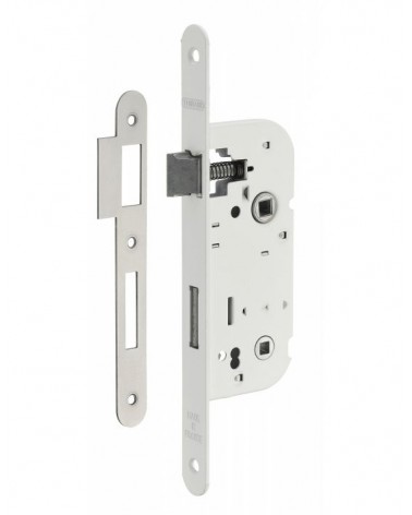 Serratura bianca da incasso Thirard NF frontale in acciaio bianco, asse 40mm, interasse 70mm, per WC o bagno - maniglia design
