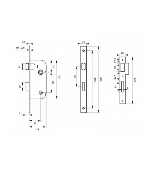 Serratura bianca da incasso Thirard NF frontale in acciaio bianco, asse 40mm, interasse 70mm, per WC o bagno - maniglia design