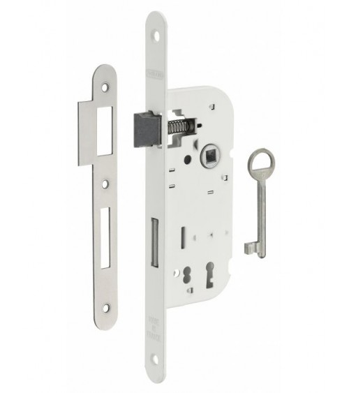 Serratura bianca da incasso Thirard NF frontale in acciaio bianco, asse 40mm, interasse 70mm, per camera - maniglia design