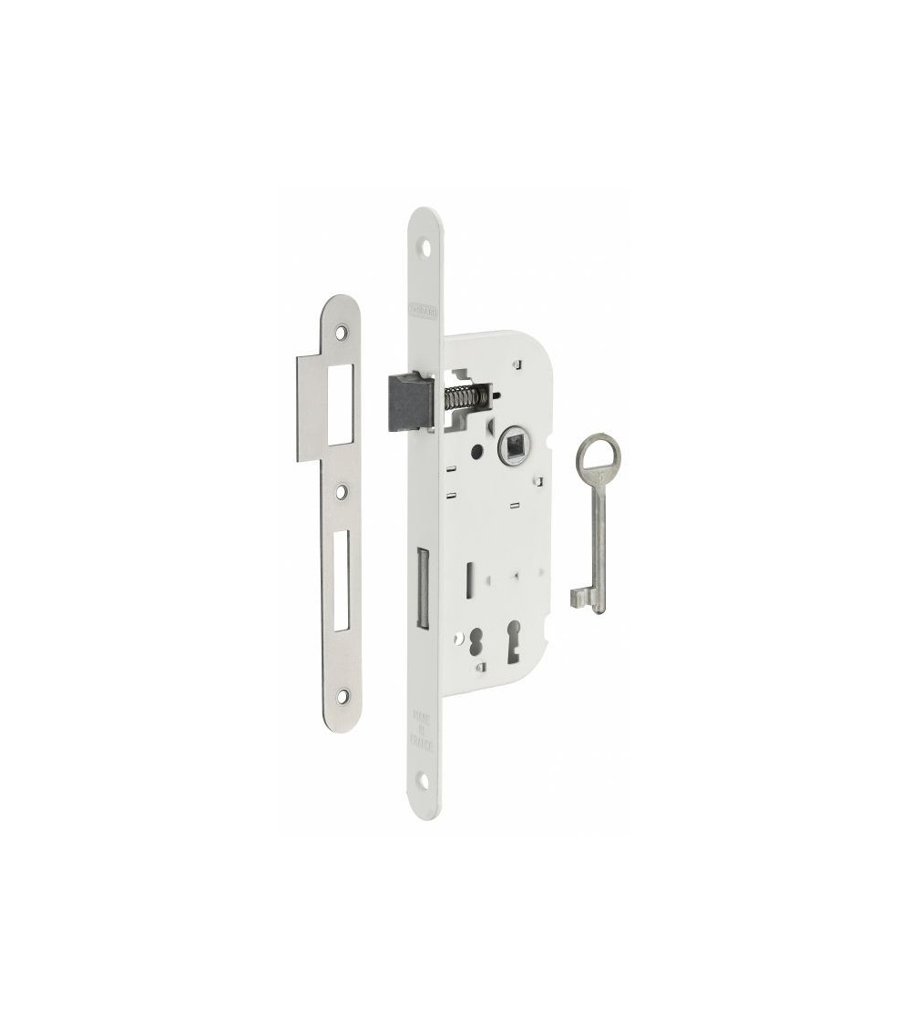 Serratura bianca da incasso Thirard NF frontale in acciaio bianco, asse 40mm, interasse 70mm, per camera - maniglia design