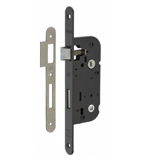 Serratura da incasso nera Thirard NF frontale in acciaio nero, asse 40mm, interasse 70mm, per WC o bagno - maniglia design