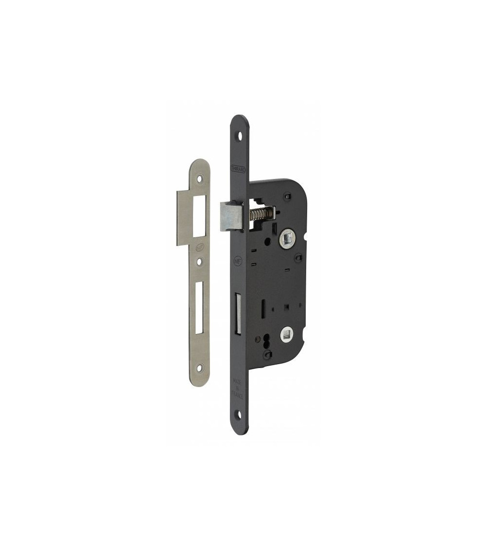 Serratura da incasso nera Thirard NF frontale in acciaio nero, asse 40mm, interasse 70mm, per WC o bagno - maniglia design