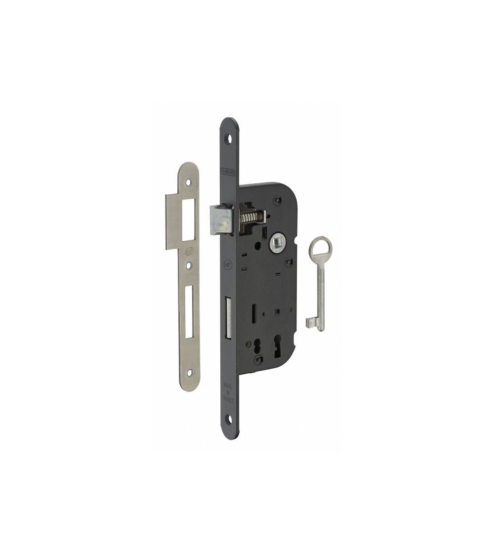 Serratura da incasso nera Thirard NF frontale in acciaio nero, asse 40mm, interasse 70mm, per camera da letto - maniglia design
