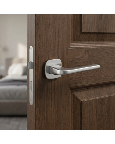 Maniglia per porta su placca arrotondata finitura cromo spazzolato Solo