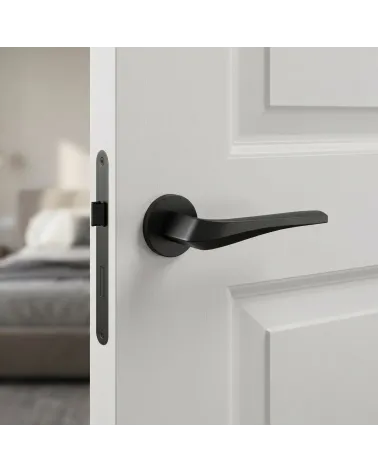 Maniglia per porta nera opaca FLOW su placca rotonda