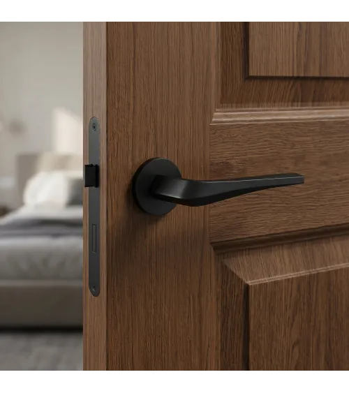 Maniglia per porta nera opaca FLOW su placca rotonda - maniglia design