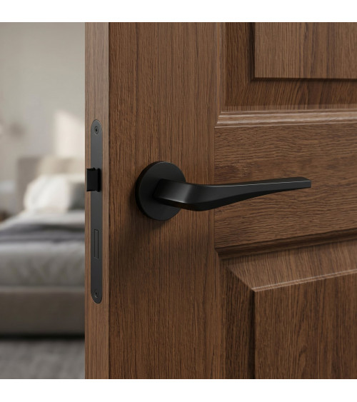 Maniglia per porta nera opaca FLOW su placca rotonda - maniglia design