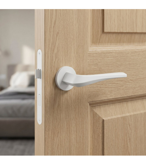 Maniglia per porta bianca opaca FLOW su placca rotonda - maniglia di design