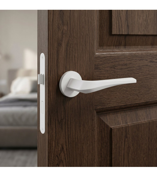 Maniglia per porta bianca opaca FLOW su placca rotonda - maniglia di design