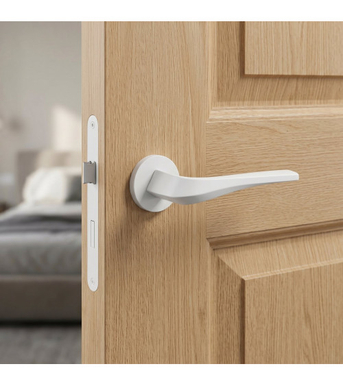 Maniglia per porta bianca opaca FLOW su placca rotonda - maniglia di design