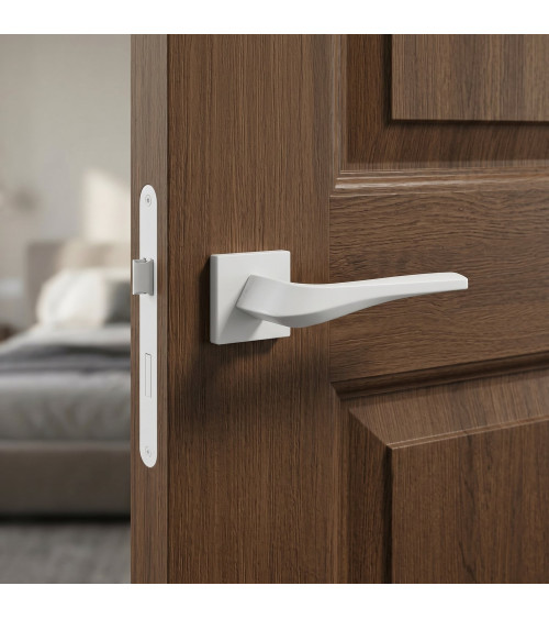 Maniglia per porta bianca opaca FLOW su placca quadrata - ferramenta di design
