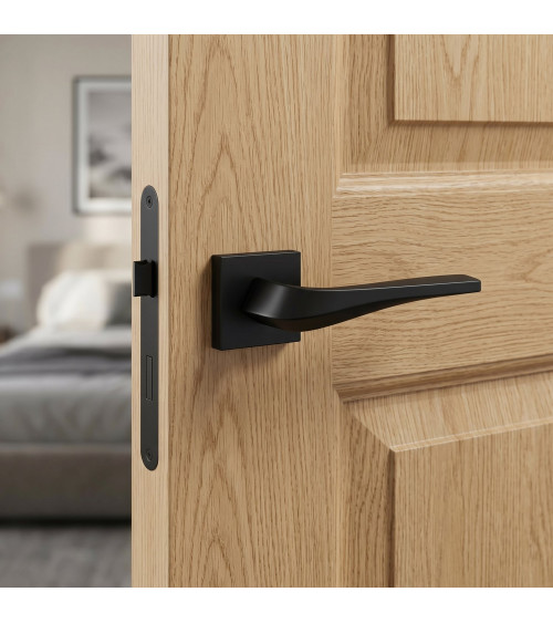 Maniglia per porta nero opaco FLOW su placca quadrata - maniglia design