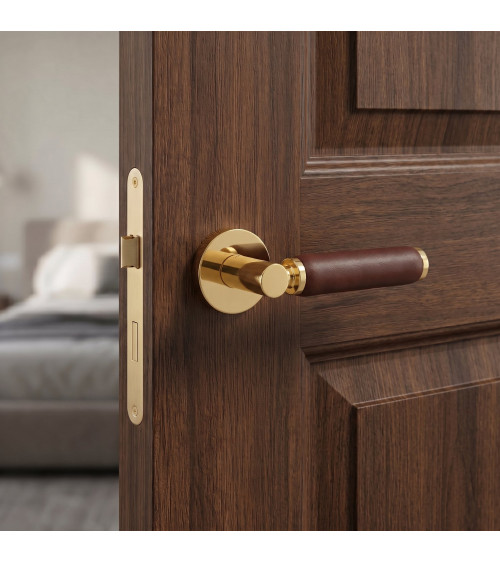 Maniglia per porta in oro lucido e pelle scura TUPAI 4200/201 rotonda - maniglia design