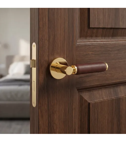 Maniglia per porta in oro lucido e pelle scura TUPAI 4200/201 rotonda - maniglia design