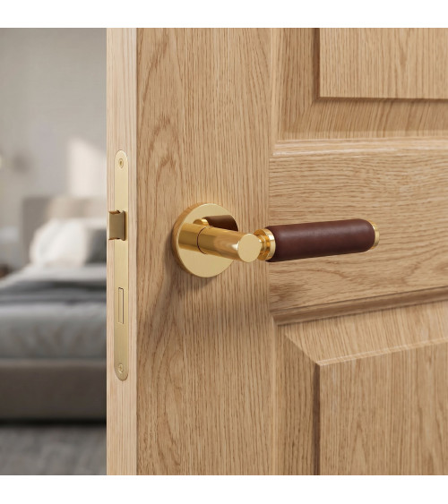 Maniglia per porta in oro lucido e pelle scura TUPAI 4200/201 rotonda - maniglia design