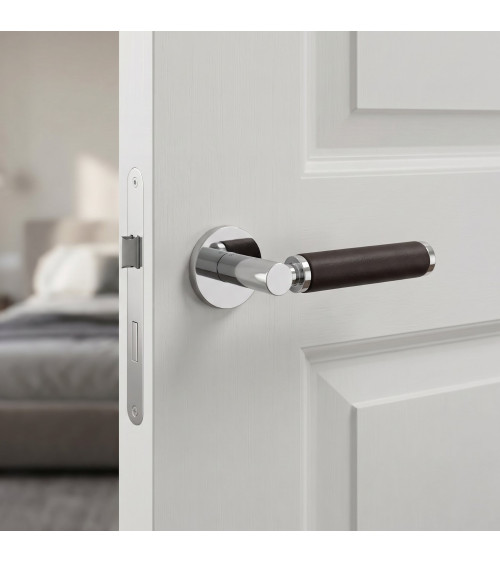 Maniglia per porta in cromo lucido e pelle scura TUPAI 4200/201 rotonda - maniglia design