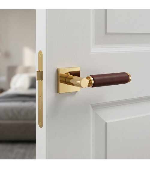 Maniglia per porta in oro lucido e pelle scura TUPAI 4200/201 quadrata - maniglia design