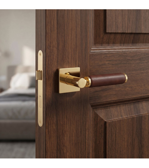 Maniglia per porta in oro lucido e pelle scura TUPAI 4200/201 quadrata - maniglia design