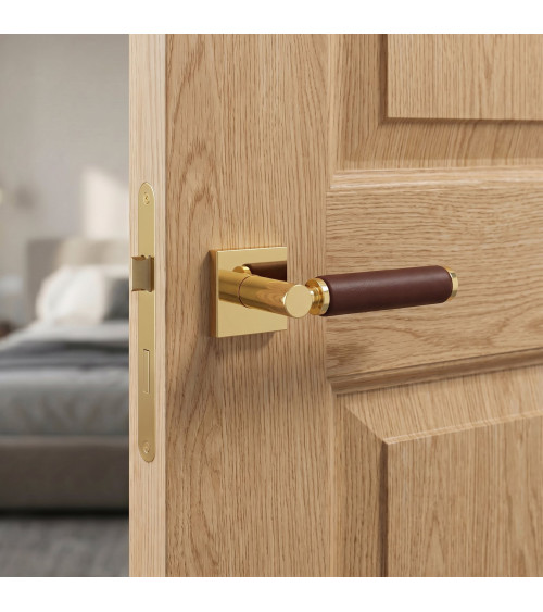 Maniglia per porta in oro lucido e pelle scura TUPAI 4200/201 quadrata - maniglia design