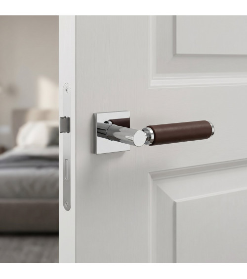Maniglia per porta in cromo lucido e pelle scura TUPAI 4200/201 quadrata - maniglia design