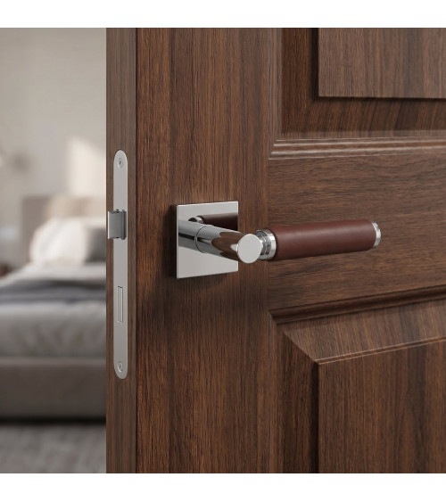 Maniglia per porta in cromo lucido e pelle scura TUPAI 4200/201 quadrata - maniglia design