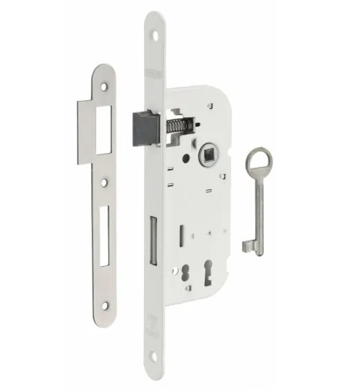 Serratura da incasso bianca Thirard NF frontale in acciaio bianco, asse 50mm, interasse 70mm, per camera da letto - maniglia des