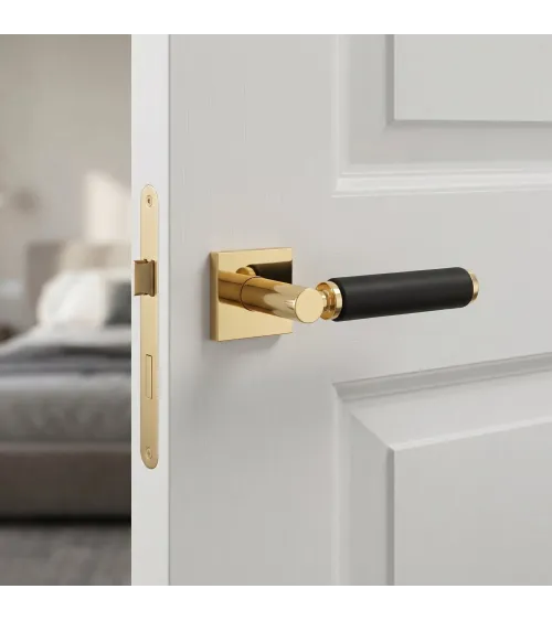 Maniglia per porta in oro lucido e pelle nera TUPAI 4200/202 quadrata - maniglia design