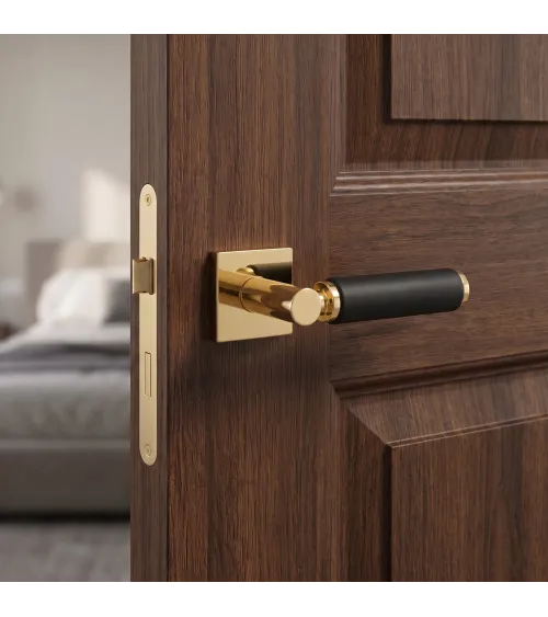 Maniglia per porta in oro lucido e pelle nera TUPAI 4200/202 quadrata - maniglia design