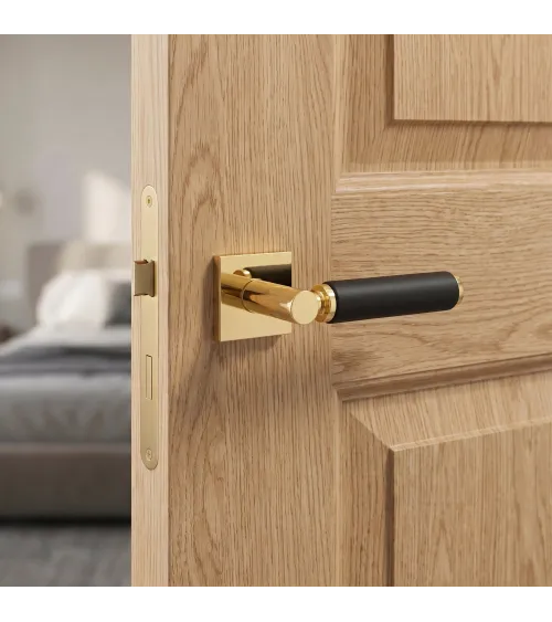 Maniglia per porta in oro lucido e pelle nera TUPAI 4200/202 quadrata - maniglia design