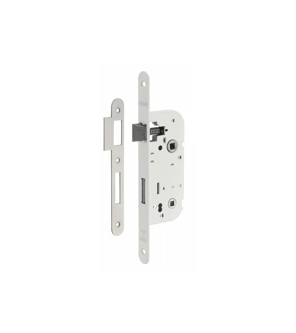 Serratura da incasso bianca Thirard NF frontale in acciaio bianco, asse 50mm, interasse 70mm, per WC o bagno - maniglia design