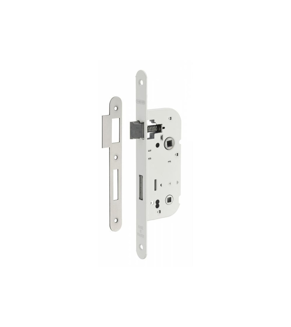 Serratura da incasso bianca Thirard NF frontale in acciaio bianco, asse 50mm, interasse 70mm, per WC o bagno - maniglia design