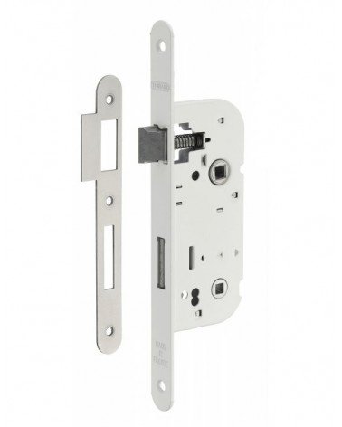 Serratura da incasso bianca Thirard NF frontale in acciaio bianco, asse 50mm, interasse 70mm, per WC o bagno - maniglia design