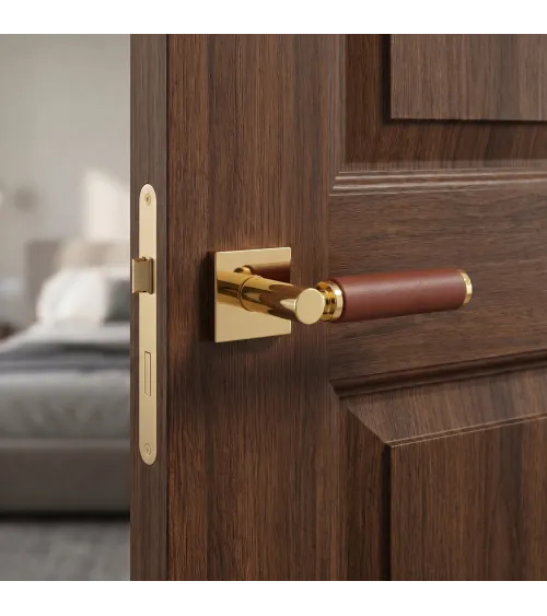 Maniglia per porta in ottone e pelle chiara TUPAI 4200/200 quadrata - maniglia design