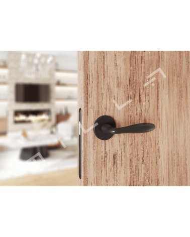 Maniglia per porta moderna VERBENA maniglia design montata su una porta con motivo legno